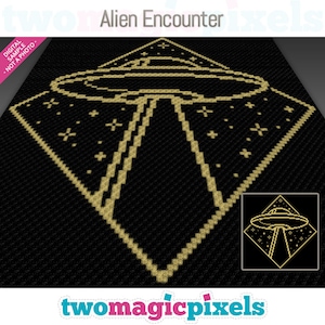 Op de afbeelding: Een pixel art-patroon van een UFO met sterren op de achtergrond. Het patroon is in goud op een zwarte achtergrond. De tekst "Alien Encounter" staat bovenaan de afbeelding. De tekst "twomagicpixels" staat onderaan de afbeelding.