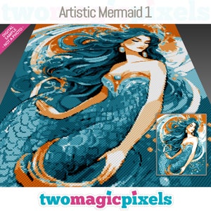 May include: A digital cross-stitch pattern of a mermaid with long blue hair, a teal tail, and orange accents. The pattern is titled "Artistic Mermaid 1".