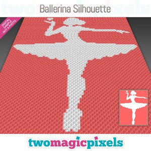 May include: A digital crochet pattern for a ballerina silhouette. The pattern is in white on a red background. The pattern is for a single ballerina with a flower in her hand.