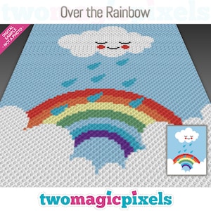 May include: A crochet pattern for a rainbow with a smiling cloud above it. The rainbow is made of red, orange, yellow, green, blue, indigo, and violet yarn. The cloud is white with a pink blush and a smiling face. The pattern is called "Over the Rainbow".