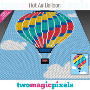 Könnte beinhalten: Ein Pixel-Art-Design eines Heißluftballons mit roten, gelben, grünen und blauen Streifen vor einem blauen Himmel mit weißen Wolken. Das Design ist mit "Hot Air Balloon" beschriftet.