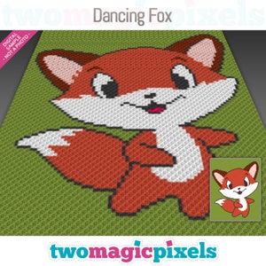 Gráfico de crochet de Dancing Fox; Punto de cruz; (c2c, mini c2c, sc, hdc, dc, tss); tejido de punto; Descarga en PDF, sin recuentos/instrucciones