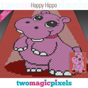 May include: A crochet pattern for a happy purple hippo with big eyes and a red bow. The pattern is called "Happy Hippo" and is from the website "twomagicpixels.com".