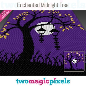 May include: A digital pattern for crocheting a silhouette of a tree with a full moon and hanging lanterns against a purple background. The pattern is titled "Enchanted Midnight Tree".