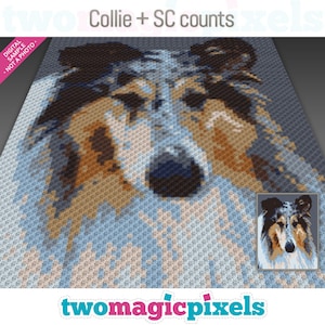 May include: A crochet pattern for a Collie dog. The pattern is in colour and shows the dog's face. The pattern is called "Collie + SC counts".