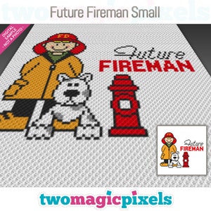 Può includere: Uno schema di punto croce in pixel art con un vigile del fuoco dei cartoni animati con un cane e un idrante. Lo schema è intitolato "Future Fireman Small".