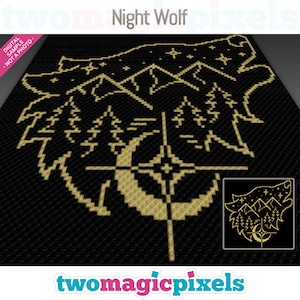May include: A black and gold digital design depicting a wolf howling at the moon, with mountains and trees. The words "Night Wolf" are at the top. The design includes the text "two magic pixels" at the bottom.