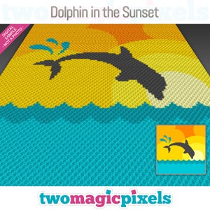 Delfín en el gráfico de crochet Sunset (c2c, mini c2c, sc, hdc, dc, tss), punto de cruz, tejido de punto; Descarga en PDF, sin recuentos ni instrucciones.