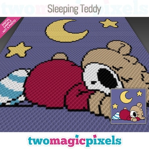 May include: A crochet pattern for a sleeping teddy bear with a crescent moon and stars. The pattern is in a digital format and is not a photo.