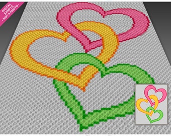 Three Loving Hearts crochet graph (c2c, mini c2c, sc, hdc, dc, tss), cross stitch, knitting; PDF download, no counts or instructions