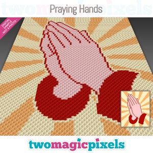 Puede incluir: Un patrón de arte de píxeles de manos en oración en rojo y rosa, con un fondo de rayos de sol en amarillo y naranja. El patrón está etiquetado como "Praying Hands".