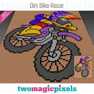 May include: A pixel art design of a dirt bike racer, with a purple and yellow dirt bike, a black helmet with yellow and red accents, and a purple and yellow racing suit. The design is on a brown background.