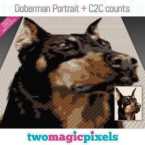 May include: A crochet pattern for a Doberman portrait, using the C2C technique. The pattern is a digital download and includes a color chart and instructions.