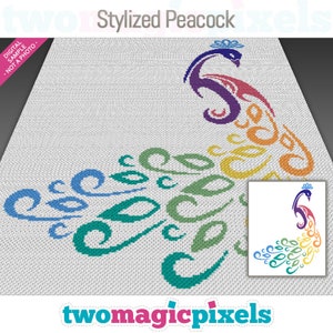May include: A colorful stylized peacock design in a pixel art style. The peacock is made up of a rainbow of colors, with a blue head and tail feathers. The design is perfect for a crochet project or other craft.
