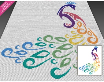 Stylized Peacock crochet graph cross stitch; (c2c, mini c2c, sc, hdc, dc, tss); knitting; PDF download, no counts/ instructions