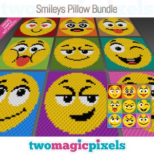 Virkmönster för Smileys-kuddar, C2C Graphgan PDF, diagram över emoji-kuddar (inga räkningar ingår)