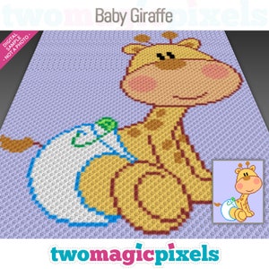 May include: A crochet pattern for a baby giraffe wearing a diaper. The pattern is in a pixelated style and features a light blue background with a yellow giraffe. The text "Baby Giraffe" is at the top of the pattern.