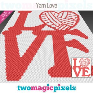 Puede incluir: Un patrón de crochet para un gráfico de amor de hilo rojo y blanco. El patrón se llama "Yarn Love" y es del sitio web "twomagicpixels.com".