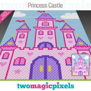 Puede incluir: Un patrón de crochet para un castillo de princesa rosa y morado. El patrón incluye una imagen detallada del castillo con una pequeña imagen de muestra en la esquina inferior derecha.