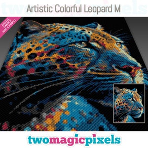 Könnte beinhalten: Ein farbenfrohes Pixel-Art-Design eines Leopardenkopfes. Der Leopard hat blaue, orange, gelbe und rote Markierungen auf seinem Fell. Der Hintergrund ist schwarz. Das Bild ist ein digitales Muster, kein Foto.