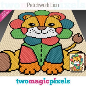 May include: A colorful patchwork lion design with a smiling face, featuring a mix of red, green, orange, and blue squares. The image includes the text "Patchwork Lion" and "two magic pixels".