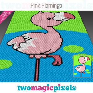 May include: A pink flamingo with white accents stands on one leg in a blue and green pixelated background. The flamingo is in a cartoon style with large eyes and a small beak. The background is a pixelated representation of water with lily pads.