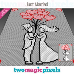 May include: Pixelated image of a bride and groom holding hands, with a cluster of red heart-shaped balloons. The words "Just Married" are at the top. The image is a digital sample, not a photo.