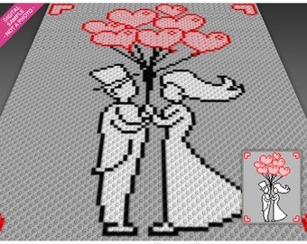Puede incluir: Imagen pixelada de una novia y un novio tomados de la mano, con un grupo de globos rojos en forma de corazón. Las palabras "Just Married" están en la parte superior. Muestra digital, no una foto.
