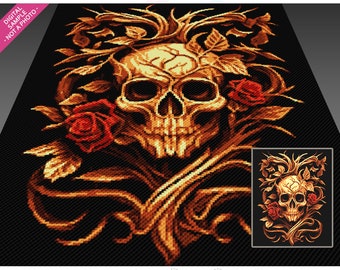 Wooden Skull and Roses 1 crochet graph cross stitch; (c2c, mini c2c, sc, hdc, dc, tss); knitting; PDF download, no counts/ instructions