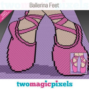 May include: A pixel art pattern of pink ballerina shoes with black outlines and pink ribbons. The pattern is on a purple background. The text "Ballerina Feet" is at the top of the image. The text "twomagicpixels" is at the bottom of the image.