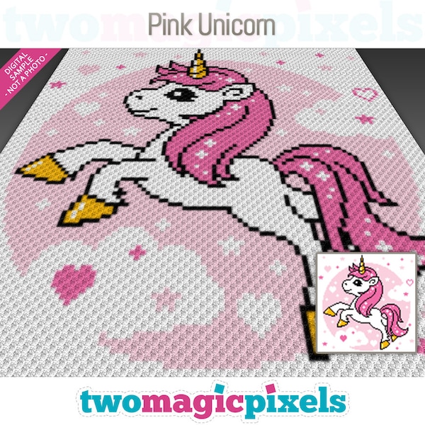 Graphique Licorne rose pour crochet (c2c, mini c2c, sc, hdc, dc, tss), point de croix, tricot ; téléchargement PDF instantané, sans décompte ni instructions