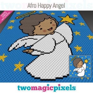 May include: A crochet pattern of a happy angel with brown skin and a halo, holding a yellow star. The angel is surrounded by yellow stars on a blue background. The text "Afro Happy Angel" is at the top of the image.