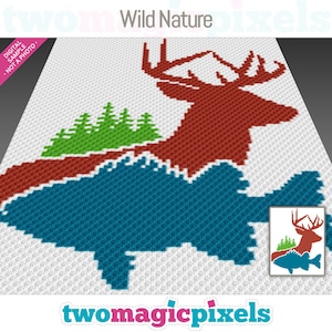 May include: A crochet pattern featuring a deer, fish, and trees. The deer is red, the fish is blue, and the trees are green. The pattern is on a white background. The text "Wild Nature" is at the top of the pattern.