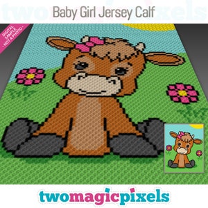 May include: A crochet pattern for a baby girl jersey calf. The pattern features a brown calf with a pink flower on its head, sitting on a green grassy field with pink flowers.