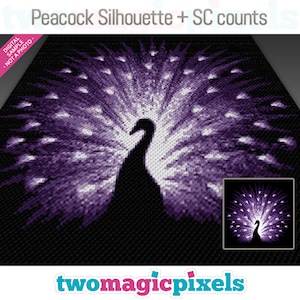 May include: A digital pattern for crocheting a purple peacock silhouette. The pattern includes a close-up of the peacock's tail feathers and a count of the single crochet stitches.