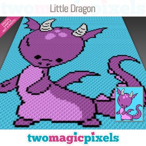 May include: A pixel art pattern of a purple and pink cartoon dragon with a light blue background. The pattern is titled "Little Dragon".