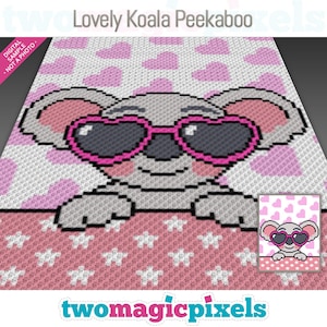 Op de afbeelding: Digitaal ontwerp met een gepixeleerde koala met een hartvormige zonnebril. De koala kijkt over een roze oppervlak met witte sterpatronen. De achtergrond heeft roze harten. De tekst bovenaan luidt "Lovely Koala Peekaboo".
