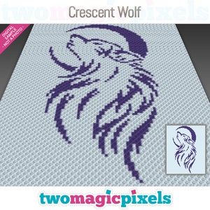 May include: A pixel art pattern of a purple wolf howling at a crescent moon. The pattern is on a light blue background. The image includes the text "Crescent Wolf" and "twomagicpixels".