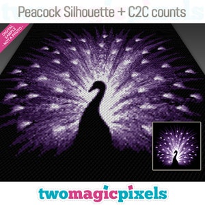 May include: A digital pattern for a purple and white peacock silhouette crochet project. The pattern is for a C2C crochet project. The image shows a close-up of the finished project.