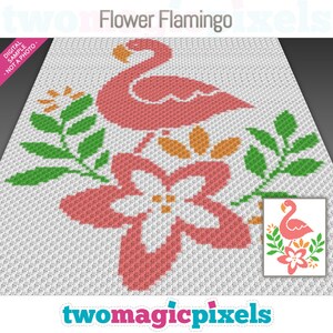 May include: A crochet pattern featuring a pink flamingo standing in a pink flower with green leaves. The pattern is called "Flower Flamingo" and is from the website "twomagicpixels.com".
