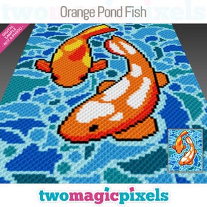 May include: A digital art piece featuring two orange koi fish swimming in a blue water background. The fish have white and orange markings. The words "Orange Pond Fish" and "two magic pixels" are displayed.