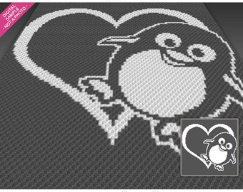 Penguin Heart crochet graph (c2c, mini c2c, sc, hdc, dc, tss), cross stitch, knitting; PDF download, no counts or instructions