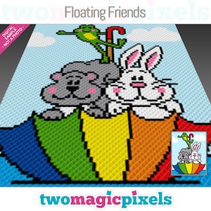May include: A crochet pattern featuring a grey bear, a white bunny, and a green frog holding onto a rainbow umbrella. The pattern is titled "Floating Friends".