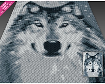 May include: A grayscale digital art piece featuring a detailed wolf face with a snowy background. The text "Winter Wolf + C2C counts" is at the top, and the logo "twomagicpixels" is at the bottom. A smaller image of the wolf is in the bottom right corner.