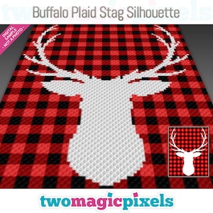 May include: A digital pattern for a crochet project featuring a white stag silhouette on a red and black buffalo plaid background. The pattern is called "Buffalo Plaid Stag Silhouette" and is by "twomagicpixels".