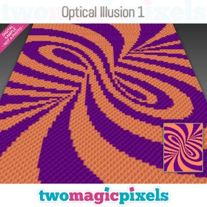 May include: A crochet pattern for an optical illusion design. The pattern features a swirling design in shades of orange and purple. The pattern is called "Optical Illusion 1".