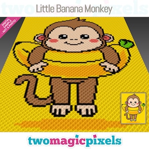 Könnte beinhalten: Ein Pixel-Art-Häkelmuster eines braunen Affen, der ein gelbes Bananenkostüm trägt. Der Affe steht auf einem gelben Hintergrund. Das Muster trägt den Titel "Little Banana Monkey".