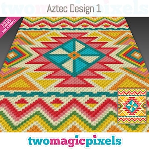 May include: A colorful Aztec design with geometric patterns in shades of red, yellow, turquoise, and orange. The design features a central diamond shape with a starburst pattern, surrounded by zigzags and triangles. The text "Aztec Design 1" and "two magic pixels" are visible.