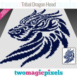 May include: A pixel art pattern of a tribal dragon head in blue and white. The dragon head is facing the left side of the image. The pattern is on a white background.