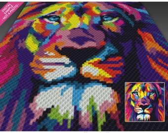 Colorful Lion crochet graph + C2C row-by-row counts; instant PDF download